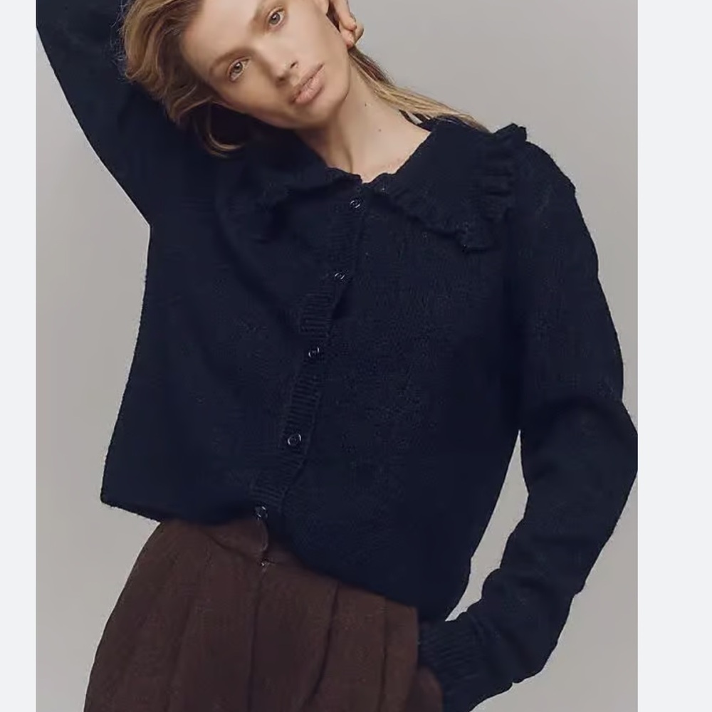 The Ainsley Ruffle-Collar Cardigan Sweater by Self Contrast